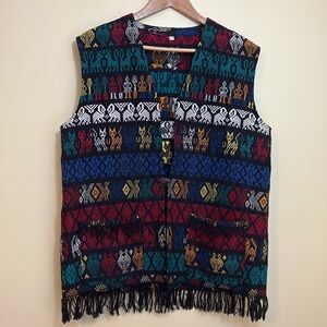 La Original | Vintage 100% Cotton Guatemala Fringe Woven Folklore Cat Vest L